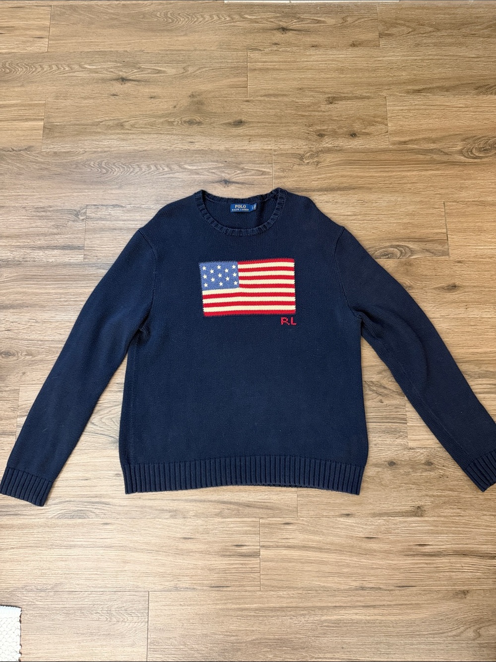 Iconic Polo by Ralph Lauren Navy Cotton Crewneck with American Flag